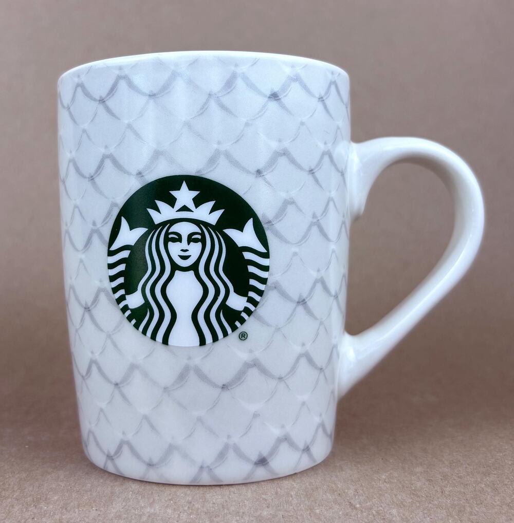 Starbucks gray and white fish scales mug with green mermaid/siren logo, 10 oz.